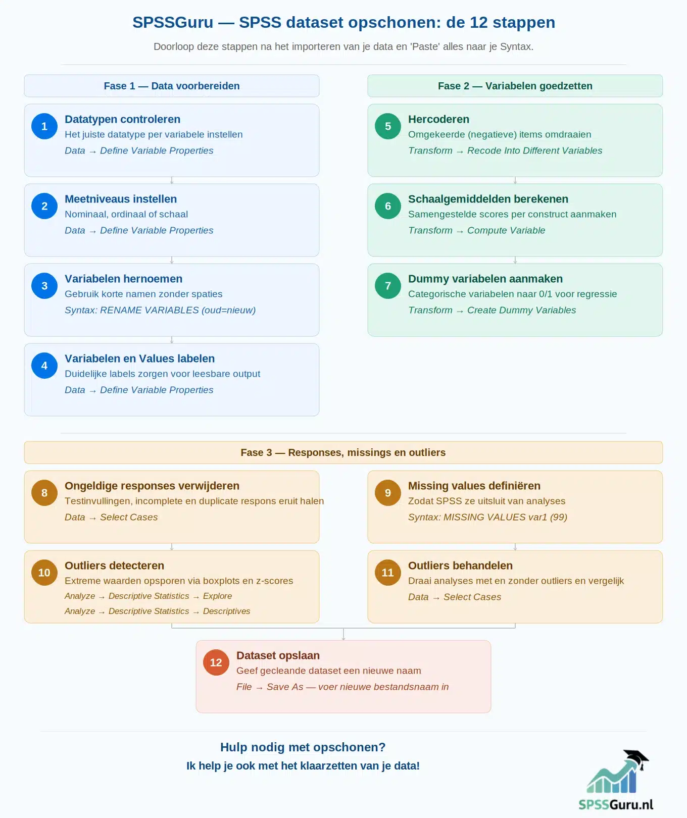 Infographic SPSS dataset opschonen — 12 stappen van datavoorbereiding, variabelen goedzetten en respons controleren